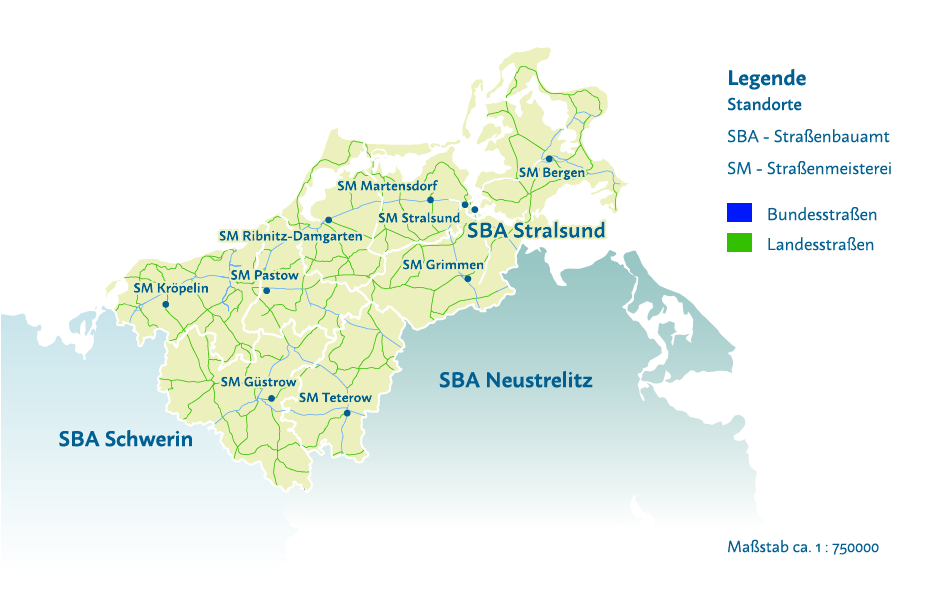 In einer Karte sind die Standorte und Bereiche der Straßenmeistereien des Straßenbauamtes Stralsund eingezeichnet. Zum Straßenbauamt Stralsund gehören die Straßenmeistereien Kröpelin, Pastow, Güstrow, Teterow, Grimmen, Ribnitz-Damgarten, Martensdorf, Bergen und Stralsund.