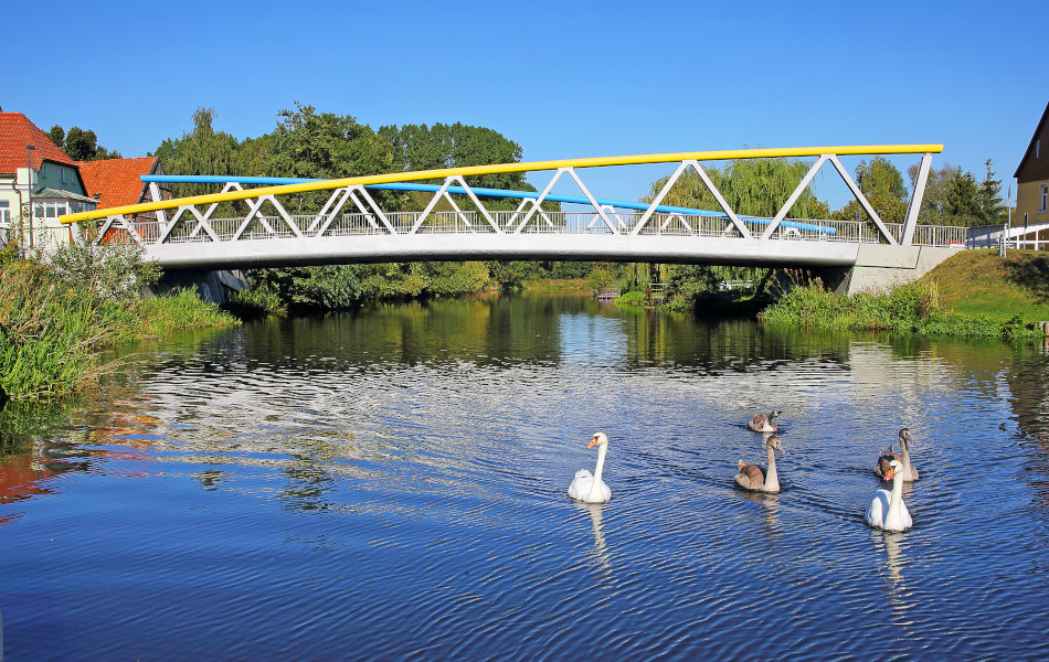 Schwäne schwimmen auf einem Fluss. Im Hintergrund führt eine Brücke mit gelben und hellblauen Balken über den Fluss.