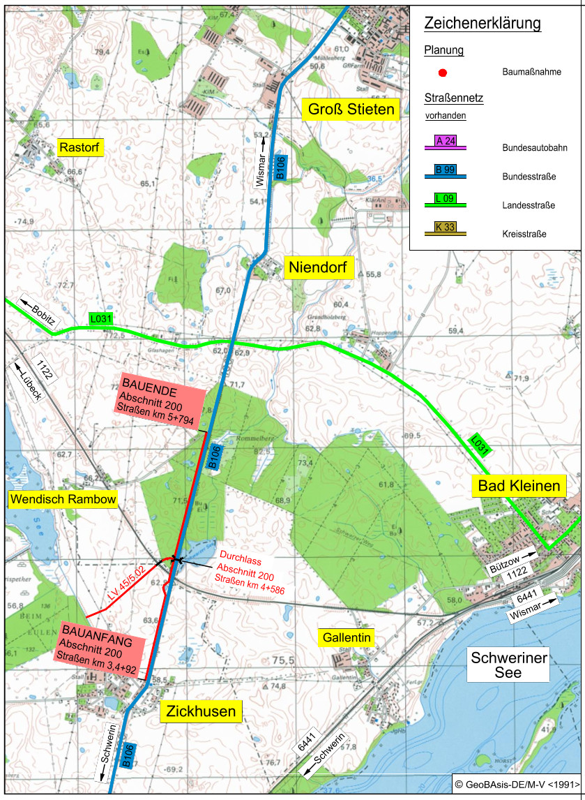 Auf einer Karte sind der Bauanfang und das Bauende des neuen Radweges bei Zickhusen und Wendisch Rambow eingezeichnet.