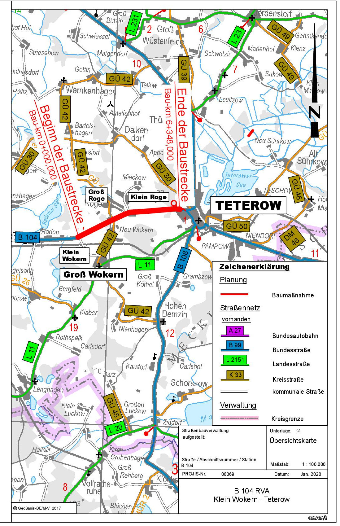 Auf einer Karte sind der Beginn der Baustrecke am Abzweig Klein Wokern und das Ende der Baustrecke in Teterow eingezeichnet.