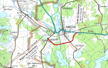 Die Umfahrung soll den Durchgangs- und Schwerlastverkehr, der die Ortslage Mirow erheblich belastet, um den Ort herumführen und die Verkehrssicherheit erhöhen. © strassen-mv.de