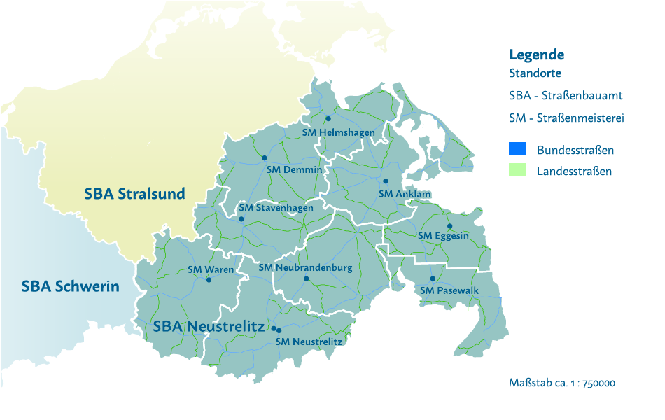 In einer Karte sind die Standorte und Bereiche der Straßenmeistereien des Straßenbauamtes Neustrelitz eingezeichnet. Zum Straßenbauamt Neustrelitz gehören die Straßenmeistereien Demmin, Helmshagen, Anklam, Eggesin, Pasewalk, Neubrandenburg, Neustrelitz, Waren und Stavenhagen.