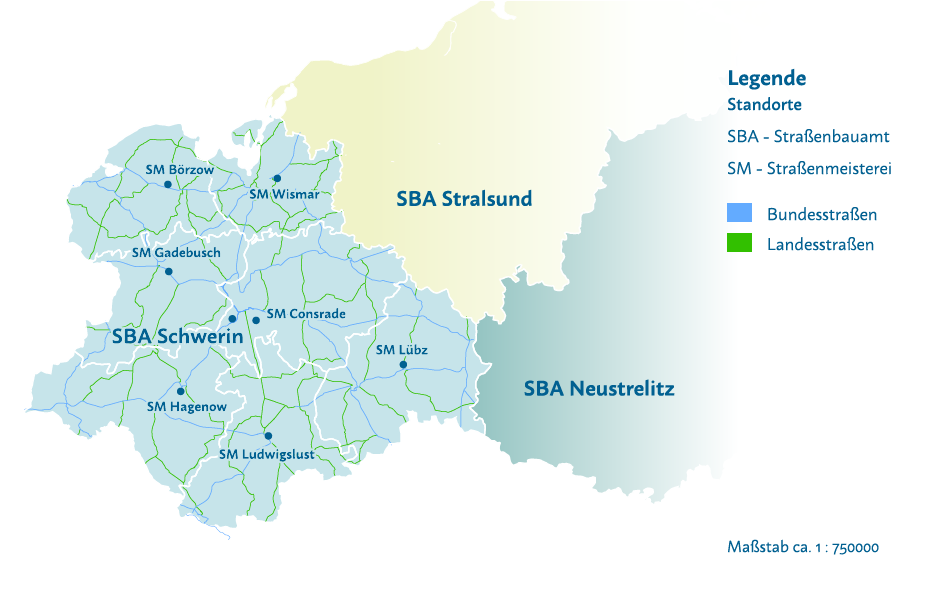 In einer Karte sind die Standorte und Bereiche der Straßenmeistereien des Straßenbauamtes Schwerin eingezeichnet. Zum Straßenbauamt Schwerin gehören die Straßenmeistereien Börzow, Wismar, Gadebusch, Consrade, Hagenow, Ludwigslust und Lübz.