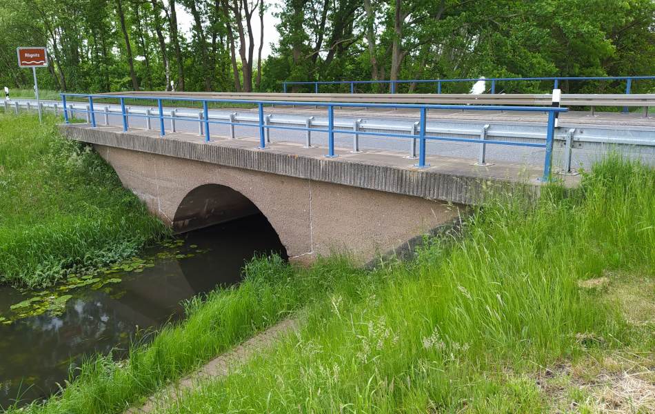 Unter einer Straßenbrücke aus Beton führt ein Fluss hindurch. Die Ufer sind begrünt. Das Geländer der Brücke besteht aus blauen Stahl, am Fahrbahnrand stehen auf der Brücke Schutzplanken.