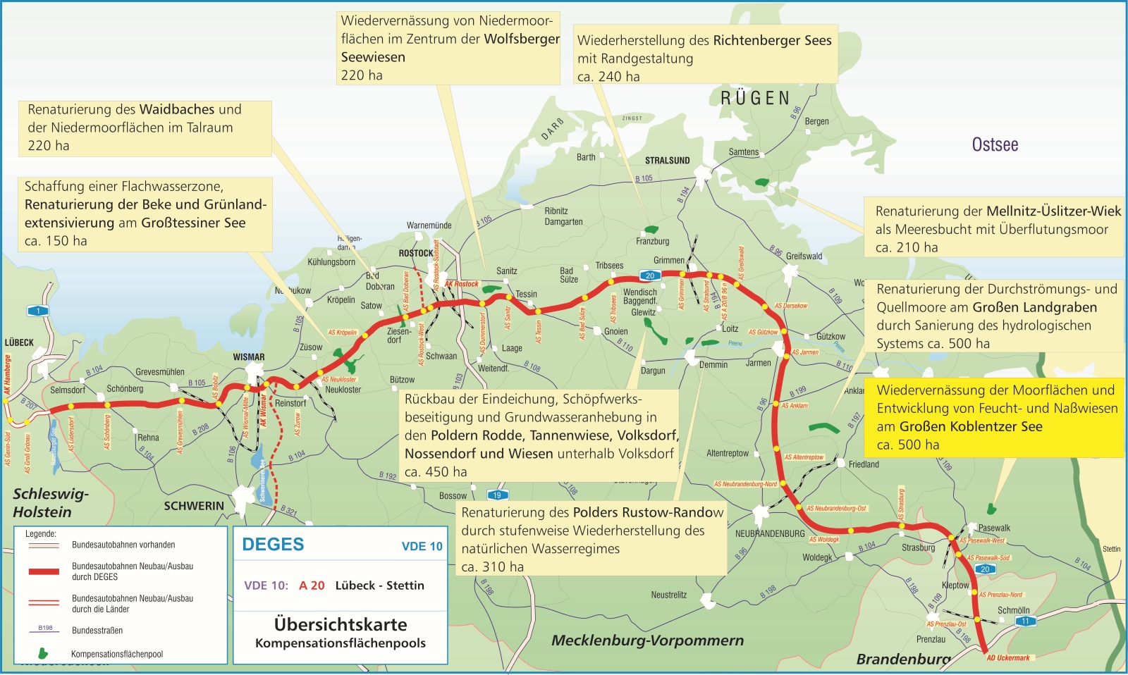 In einer Karte von Mecklenburg-Vorpommern sind die Kompensationsflächenpools der A 20 zwischen Lübeck und Stettin eingezeichnet: Großtessiner See, Waidbach, Wolfsberger Seewiesen, Richtenberger See, Mellnitz-Üslitzer-Wiek, Großer Landgraben, Großer Koblentzer See, Polder Rustow-Randow, Polder Rodde, Tannenwiese, Volksdorf, Nossendorf und Wiesen. © DEGES In einer Karte von Mecklenburg-Vorpommern sind die Kompensationsflächenpools der A 20 zwischen Lübeck und Stettin eingezeichnet: Großtessiner See, Waidbach, Wolfsberger Seewiesen, Richtenberger See, Mellnitz-Üslitzer-Wiek, Großer Landgraben, Großer Koblentzer See, Polder Rustow-Randow, Polder Rodde, Tannenwiese, Volksdorf, Nossendorf und Wiesen.