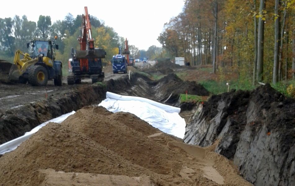 In einem Waldgebiet stehen mehrere Bagger und ein LKW, die von zahlreichen Erdhaufen umgeben sind.