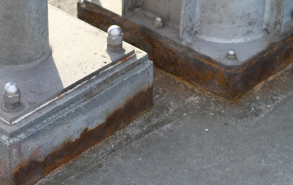 Zwei festsgeschraubte Eisenteile weisen an ihrem Sockel massive Roststellen auf.