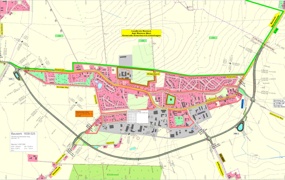 Auf einer Karte ist der Verlauf der neuen Ortsumgehung Elmenhorst eingezeichnet.  (Interner Link: mehr über das Projekt erfahren)