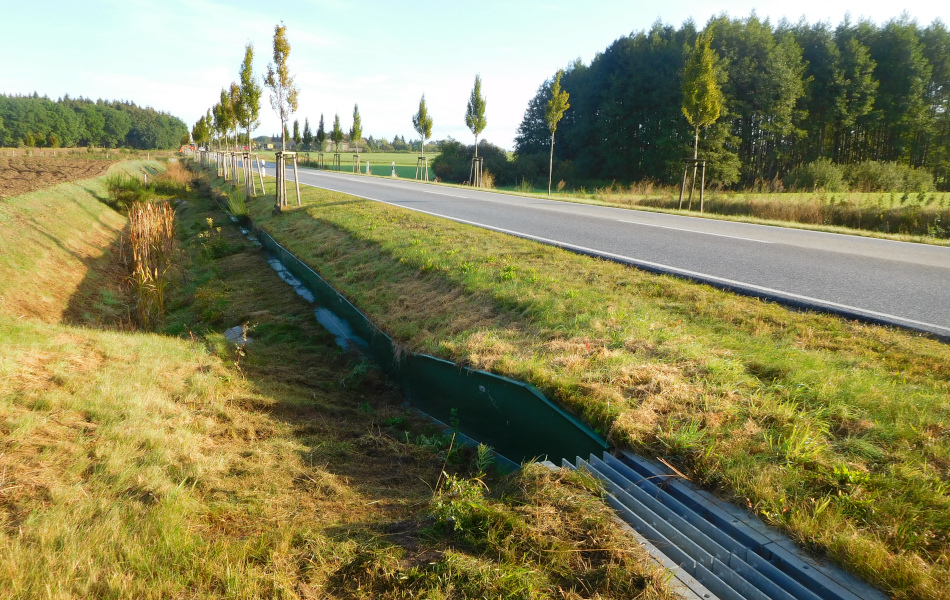 Durch den Graben an einer Straße führt eine grüne Metallwand parallel zur Fahrbahn. Im Hintergrund stehen neu gepflanzte Bäume am Straßenrand. 