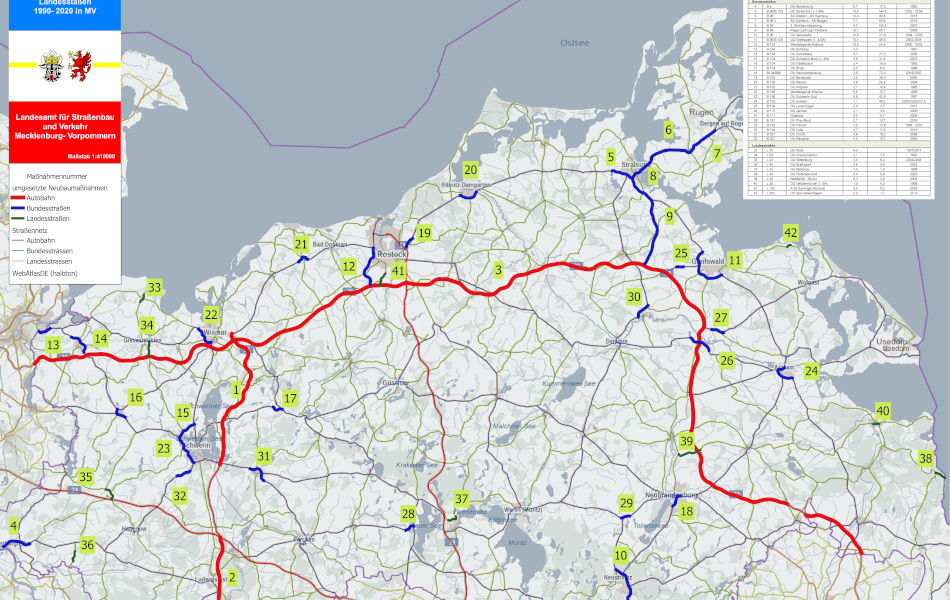 Auf einer Straßenkarte von Mecklenburg-Vorpommern sind die Neubaumaßnahmen auf Autobahnen sowie Bundes- und Landesstraßen in den Jahren von 1990 bis 2020 eingezeichnet.