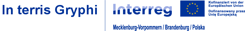 Wordmark “In terris Gryphi” next to the Interreg/EU logo; subtitle “Mecklenburg-Vorpommern / Brandenburg / Poland” and an EU co-financing notice.