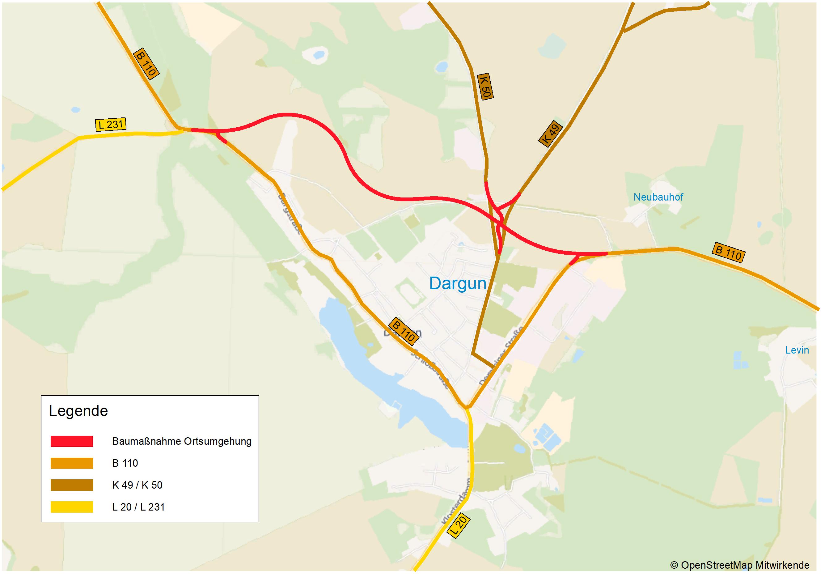 Karte von Dargun mit Darstellung der geplanten Ortsumgehung. Die neue Trasse ist rot markiert und verläuft nördlich der Stadt zwischen der B 110 sowie den Kreisstraßen K49 und K50.