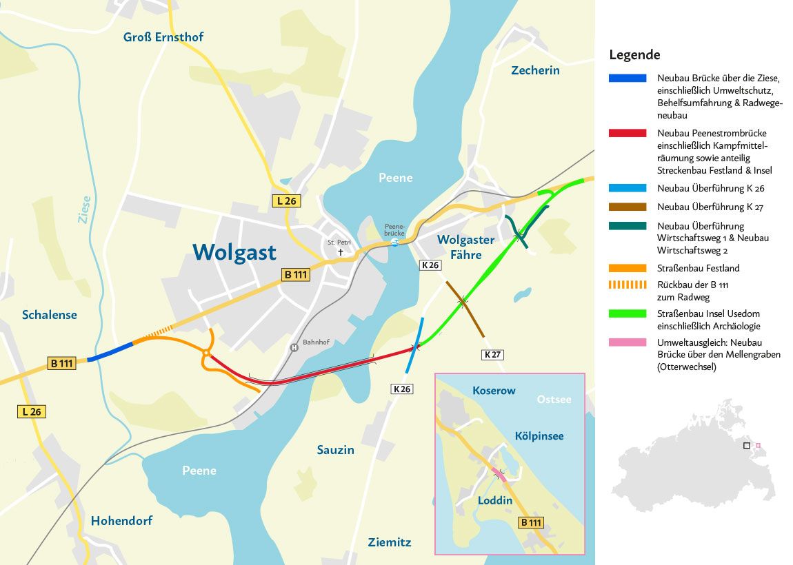  Auf einer Karte ist die neue Ortsumgehung mit den einzelnen Bauabschnitten dargestellt: Neubau Brücke über die Ziese mit Umweltschutz, Behelfsumfahrung & Radweg, Neubau Peenestrombrücke einschließlich Kampfmittelräumung sowie anteilig Streckenbau Festland & Insel, Neubau Überführung K 26, Neubau Überführung K 27, Neubau Überführung Wirtschaftsweg 1 & Neubau Wirtschaftsweg 2, Neubau Brücke über den Mellengraben (Otterwechsel), Straßenbau Festland sowie Straßenbau Insel.