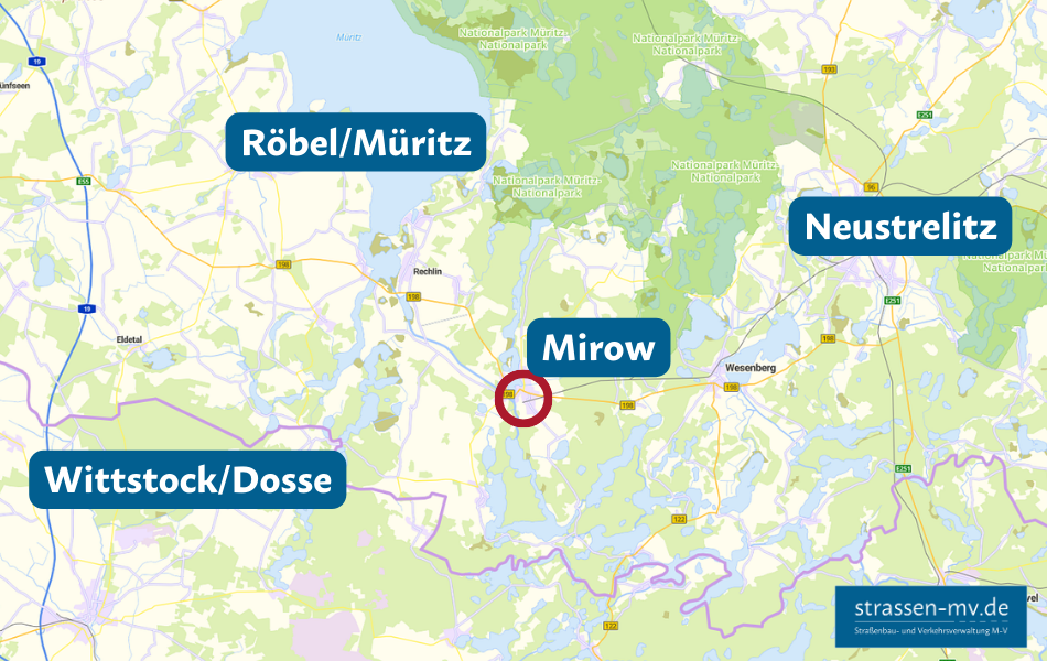 Auf einer Landkarte sind die Orte Mirow, Röbel/Müritz, Neustrelitz und Wittstock/Dosse eingezeichnet. Die Stadt Mirow ist mit einem roten Kreis gekennzeichnet.