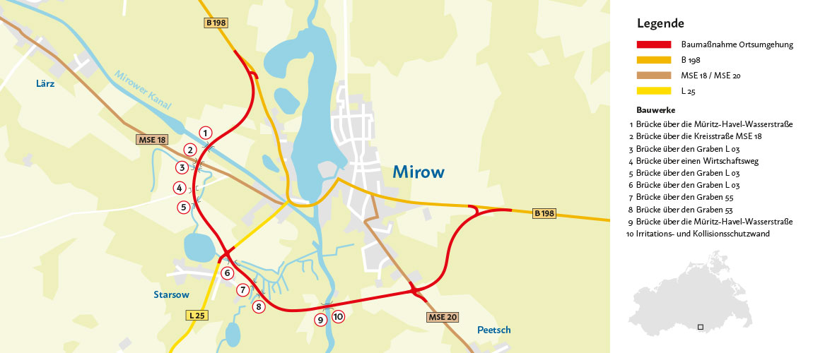 Auf einer Karte von Mirow ist die Baustrecke der Ortsumgehung eingezeichnet. Die Baustrecke verläuft westlich und südlich der Stadt. Auch sind die Brücken im Zuge der Umgehungstrasse dargestellt. Diese führen über die Müritz-Havel-Wasserstraße, die Kreisstraße MSE 18, die Gräben L 03, den Graben 55, einen Wirtschaftsweg und über den Graben 55. Auch ist eine Irritations- und Kollisionsschutzwand an der Strecke südlich von Mirow vorgesehen.