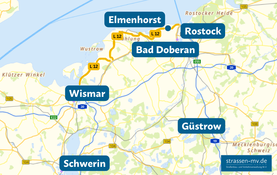 Auf einer Landkarte von Mecklenburg-Vorpommern sind die Orte Elmenhorst, Rostock, Bad Doberan, Wismar, Güstrow und Schwerin sowie der Verlauf der Landesstraße 12 eingezeichnet.
