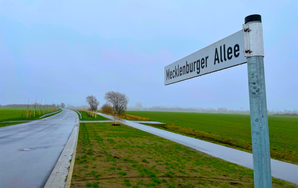 Eine neue Straße führt, gesäumt von Leitplanken und frisch gepflanzten Bäumen, über ein Feld. Rechts neben der Straße führt ein asphaltierter Geh- und Radweg entlang. Im Vordergrund steht ein Schild mit der Aufschrift "Mecklenburger Allee".