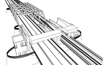 Schematische Darstellung des Bedienstands einer Brücke aus der Vogelperspektive mit angrenzender Brückenkonstruktion.