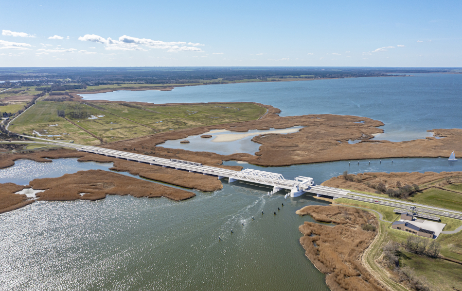 Visualisierung der geplanten neuen Meiningenbrücke mit Brückenbauwerk, Wasserflächen, Schilfbereichen und angrenzender Landschaft.
