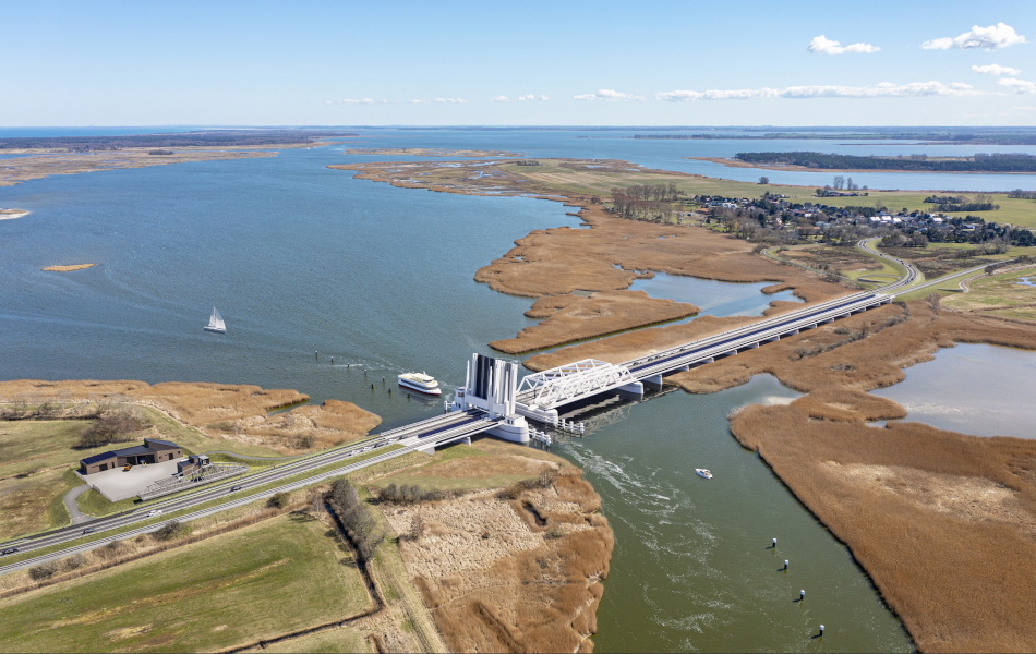 Visualisierung der geplanten neuen Meiningenbrücke aus der Luft mit geöffnetem Brückenteil, Schiffspassage, Zufahrtsstraßen und umliegender Boddenlandschaft.