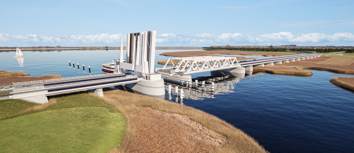 Visualisierung der geplanten neuen Meiningenbrücke aus nördlicher Perspektive mit geöffnetem Brückenteil, Schiffspassage und umliegender Boddenlandschaft.