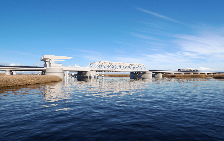 Visualisierung der geplanten neuen Meiningenbrücke in Seitenansicht über dem Wasser mit Fachwerkkonstruktion und Hubbrückenelement.