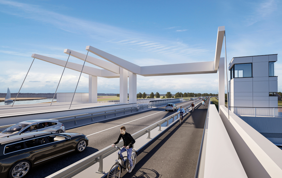 Visualisierung der geplanten neuen Meiningenbrücke aus Verkehrsperspektive mit Fahrbahn, Radweg, Fahrzeugen und Hubbrückenelement.
