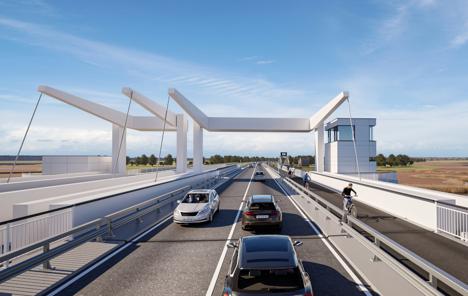 Visualisierung der geplanten neuen Meiningenbrücke aus frontaler Verkehrsperspektive mit Fahrbahn, Radweg, Fahrzeugen und Brückenbauwerk.