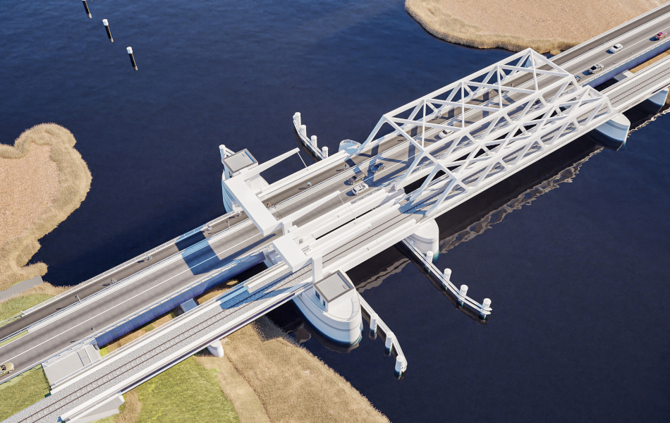 Visualisierung der geplanten neuen Meiningenbrücke von oben mit geschlossenem Brückenteil, Straßenverkehr und Wasserfläche.