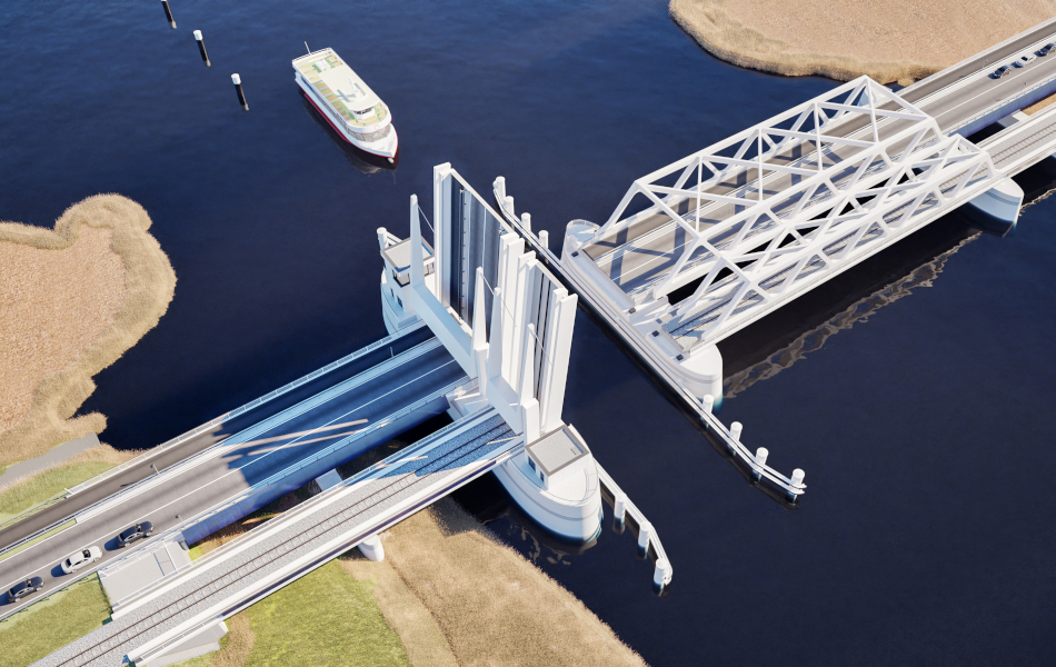 Visualisierung der geplanten neuen Meiningenbrücke von oben mit geöffnetem Brückenteil und Schiffspassage.