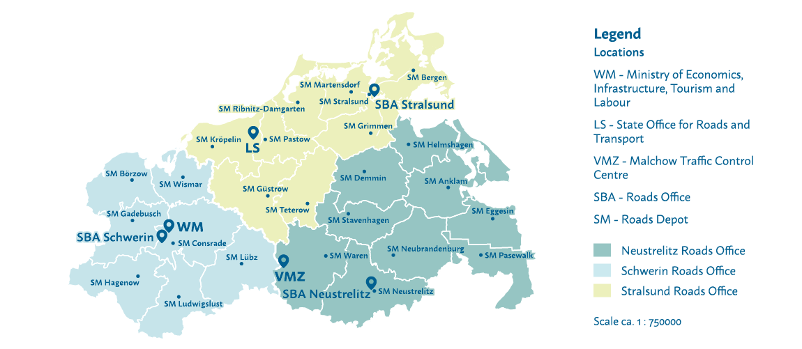 The various locations and areas of activity of the roads offices and roads depots are shown on a map.