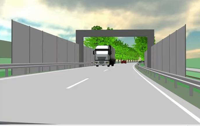 Auf einer Computeranmation ist eine Straße zu sehen, auf der ein Lkw und ein Auto fahren. An der Straße stehen auf beiden Seiten graue Wände und in der Mitte führt eine Brücke über die Straße. Im Hintergrund ist eine Allee. 