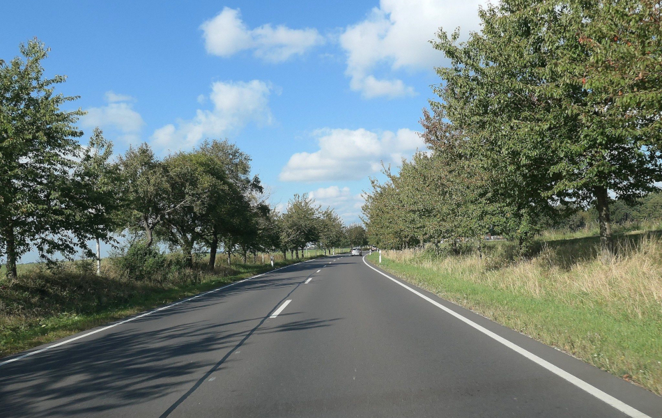 Gerade Landstraße mit Bäumen auf beiden Seiten, Autos in der Ferne, sonniger Tag mit locker bewölktem Himmel über grüner Landschaft.