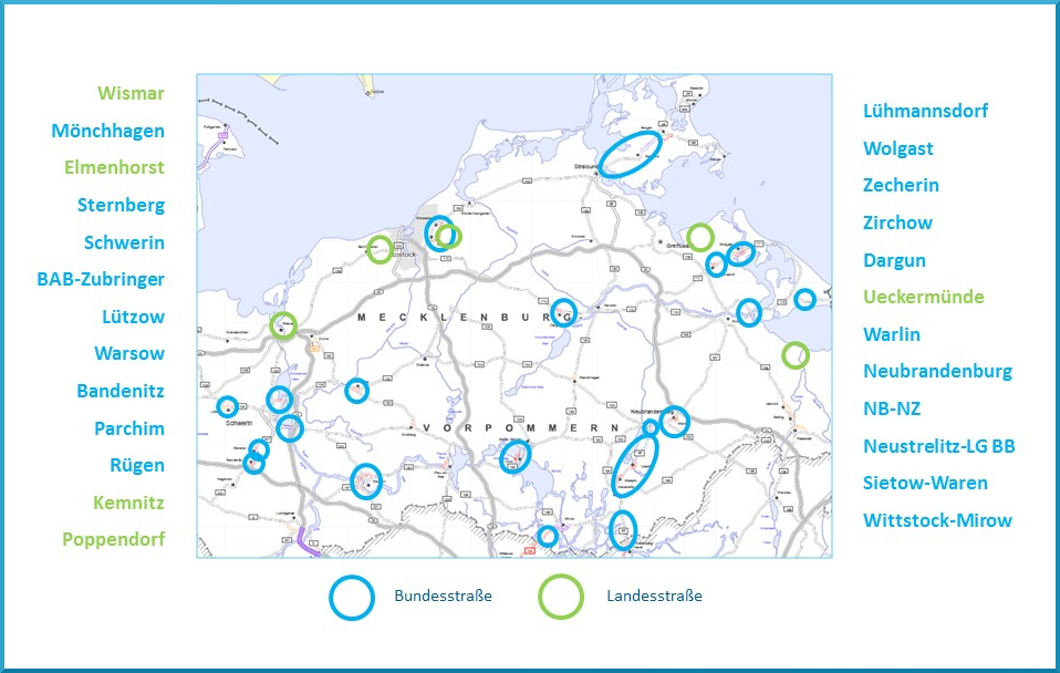 Auf einer Karte von Mecklenburg-Vorpommern sind die Großprojekte der Straßenbauverwaltung M-V eingezeichnet: Wismar, Mönchhagen, Elmenhorst, Sternberg, Schwerin, BAB-Zubringer, Lützow, Warsow, Bandenitz, Parchim, Rügen, Kemnitz, Poppendorf, Lühmannsdorf, Wolgast, Zecherin, Zirchow, Dargun, Ueckermünde, Warlin, Neubrandenburg, Neubrandenburg-Neustrelitz, Neustrelitz - Landesgrenze Brandenburg, Sietow-Waren, Wittstock-Mirow. © strassen-mv.de Auf einer Karte von Mecklenburg-Vorpommern sind die Großprojekte der Straßenbauverwaltung M-V eingezeichnet: Wismar, Mönchhagen, Elmenhorst, Sternberg, Schwerin, BAB-Zubringer, Lützow, Warsow, Bandenitz, Parchim, Rügen, Kemnitz, Poppendorf, Lühmannsdorf, Wolgast, Zecherin, Zirchow, Dargun, Ueckermünde, Warlin, Neubrandenburg, Neubrandenburg-Neustrelitz, Neustrelitz - Landesgrenze Brandenburg, Sietow-Waren, Wittstock-Mirow.