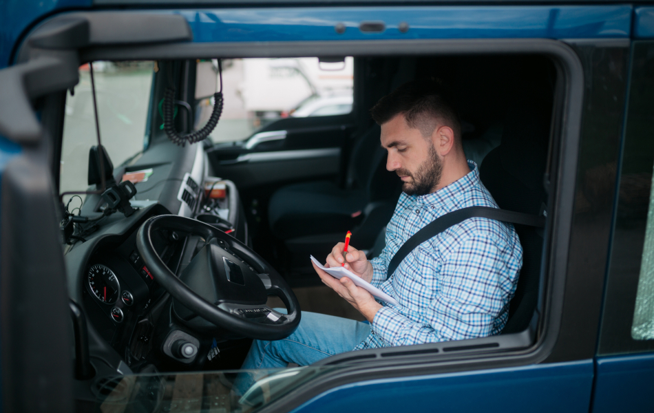 Seitenansicht eines LKW-Fahrers, der in einer Kabine in seinem LKW sitzt, einige Notizen aufschreibt und sich auf seine Reise vorbereitet.