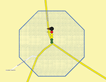 Schematische Karte mit markierter Unfallhäufungsstelle an einem Knotenpunkt; abstrahierte Darstellung ohne Geländeansicht.