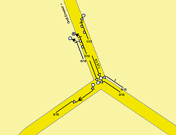 Diagramm einer Kreuzung mit eingezeichneten Unfallpunkten und Fahrtrichtungen; grafische Analyse der Unfallverteilung.