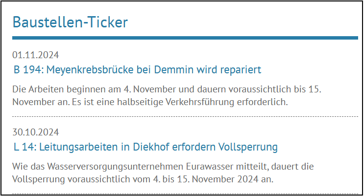 Screenshot vom Baustellen-Ticker mit den Nachrichten "B 194: Meyenkrebsbrücke bei Demmin wird repariert" und "L 14: Leitungsarbeiten in Diekhof erfordern Vollsperrung".