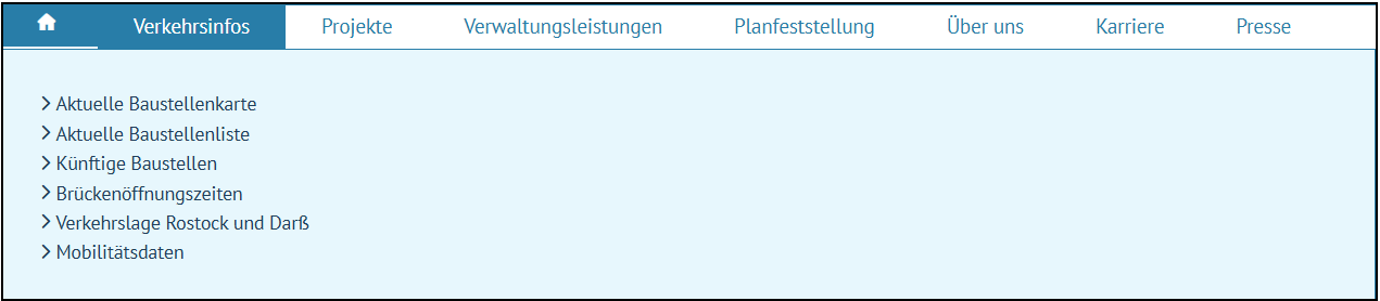Unter dem Haupt-Menü ist eine Liste mit extra Themen aufgeklappt.