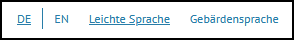 Screenshot zeigt die Sprachschalter der Website: Es kann gewählt werden zwischen DE, EN, Leichter Sprache und Gebärdensprache.